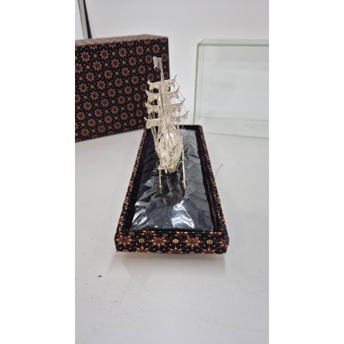 123 - Silver Sailing Ship in Glass Case & Box Length of Box Length 22cm x Height 16cm x Width 9cm