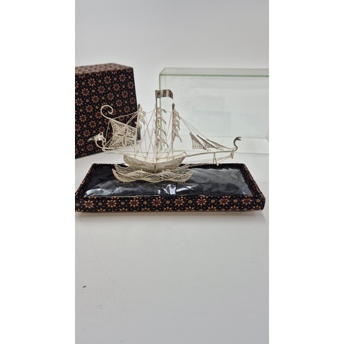 123 - Silver Sailing Ship in Glass Case & Box Length of Box Length 22cm x Height 16cm x Width 9cm