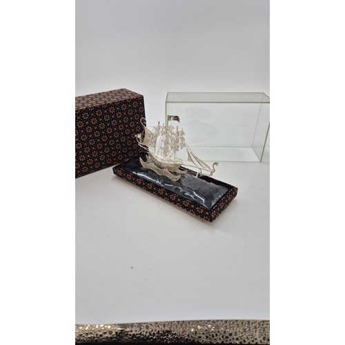 123 - Silver Sailing Ship in Glass Case & Box Length of Box Length 22cm x Height 16cm x Width 9cm