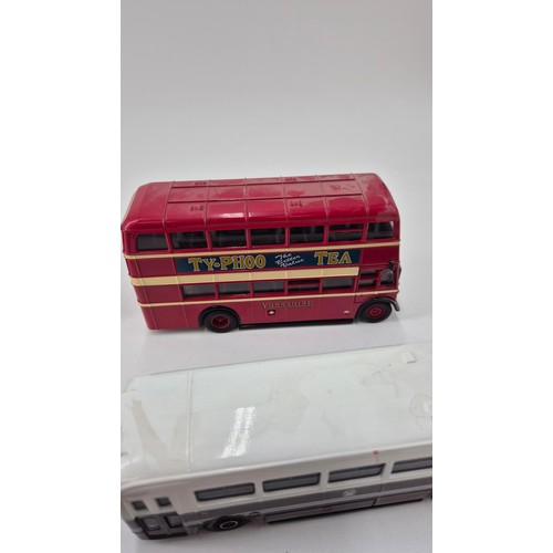 157 - Seven Diecast Model Corgi Buses, one Corgi Tram & Matchbox Tram