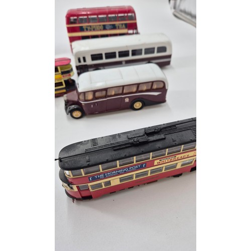 157 - Seven Diecast Model Corgi Buses, one Corgi Tram & Matchbox Tram