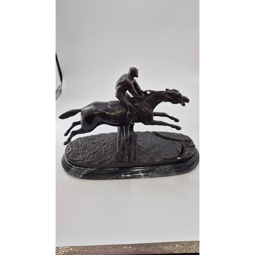 161 - Large Bronze Race Horse and Jockey Statue Signed E LoiseauLength 43cm x Height 29cm