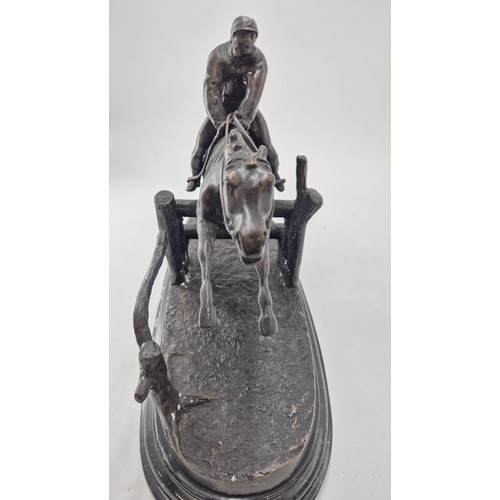 161 - Large Bronze Race Horse and Jockey Statue Signed E LoiseauLength 43cm x Height 29cm