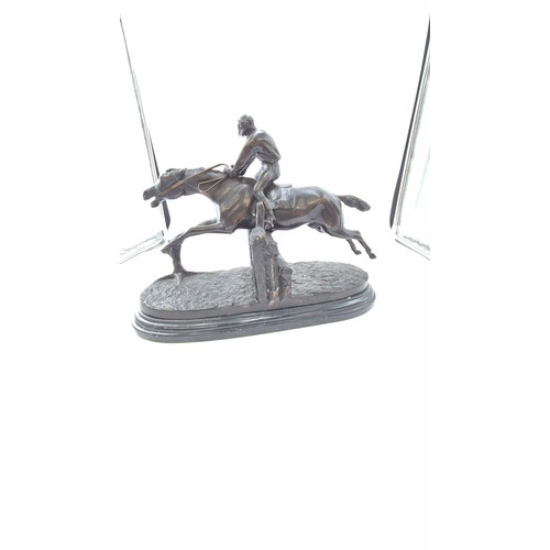 161 - Large Bronze Race Horse and Jockey Statue Signed E LoiseauLength 43cm x Height 29cm