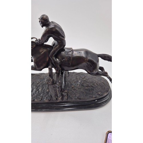 161 - Large Bronze Race Horse and Jockey Statue Signed E LoiseauLength 43cm x Height 29cm