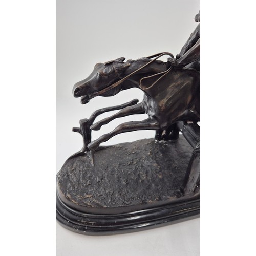 161 - Large Bronze Race Horse and Jockey Statue Signed E LoiseauLength 43cm x Height 29cm