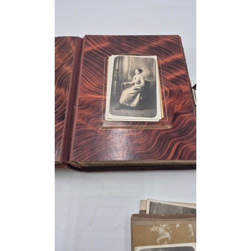 216 - Leather Bound Photo Album with Small Amount of Vintage Postcards & PhotosAlbum 28cm x 22cm