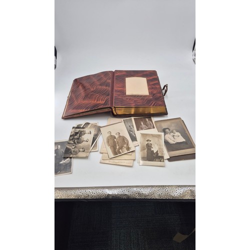 216 - Leather Bound Photo Album with Small Amount of Vintage Postcards & PhotosAlbum 28cm x 22cm