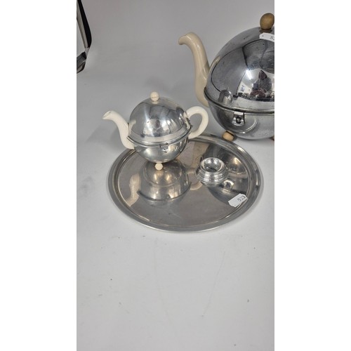 22 - Vintage Teapot Along with Plated Tray, Egg Cup & Small Teapot with Metal Cosy