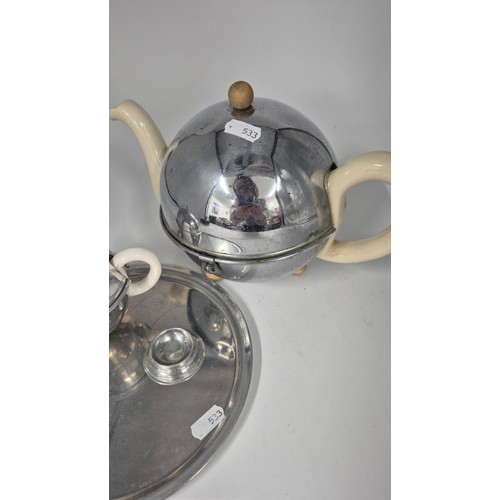 22 - Vintage Teapot Along with Plated Tray, Egg Cup & Small Teapot with Metal Cosy