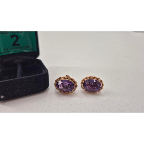 2 - 9ct Gold & Amethyst Screw Back Earrings