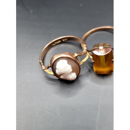 51 - Three 9ct Gold Rings Includes Cameo, Diamond with Damage to Diamonds, Citrine All Various Sizes ( Co... 