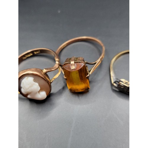 51 - Three 9ct Gold Rings Includes Cameo, Diamond with Damage to Diamonds, Citrine All Various Sizes ( Co... 