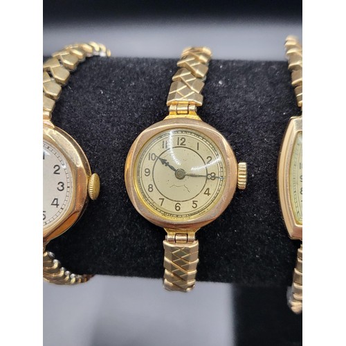 52 - Three 9ct Gold Cased Vintage Ladies Watches All Fully Hallmarked Cases all Gold Plated Straps