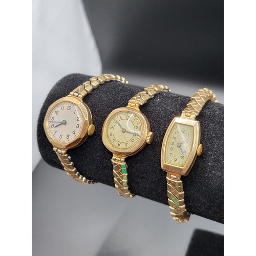 52 - Three 9ct Gold Cased Vintage Ladies Watches All Fully Hallmarked Cases all Gold Plated Straps