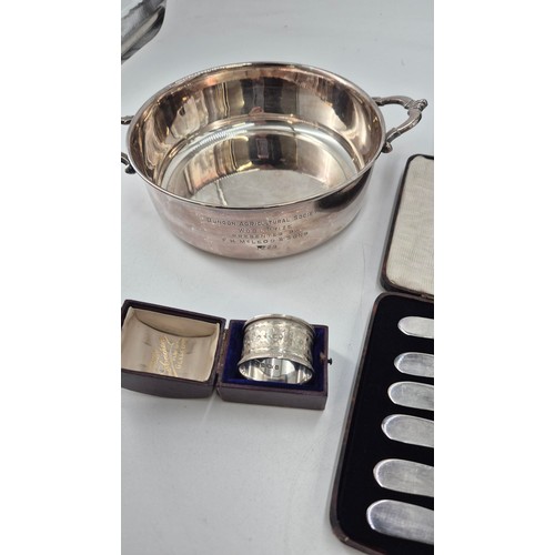 278 - Collection of EPNS Bowl, Silver Handled Knives & Napkin Ring & Pewter Bottle