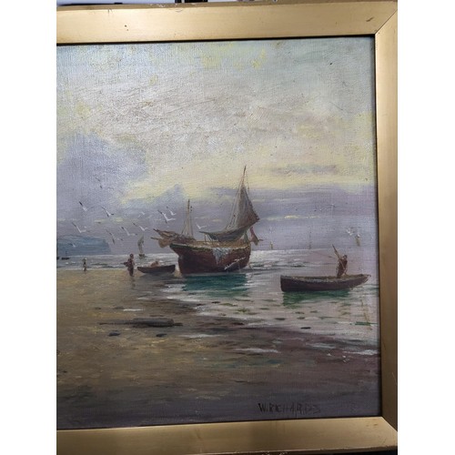 82 - Original Oil Painting Depicting Fisherman's Wife's Waiting For The Boats Signed W Richards Does Have... 