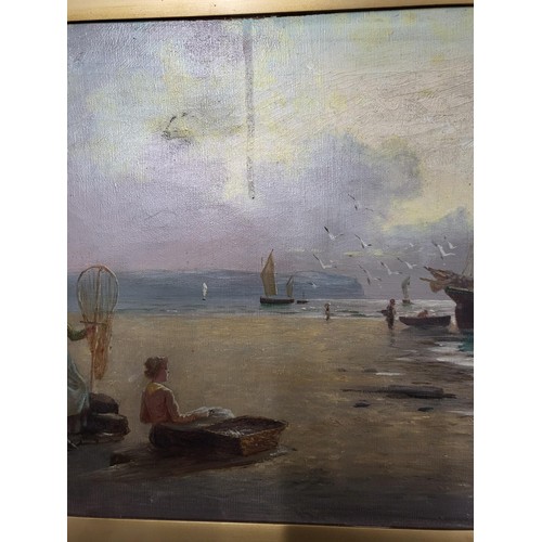 82 - Original Oil Painting Depicting Fisherman's Wife's Waiting For The Boats Signed W Richards Does Have... 