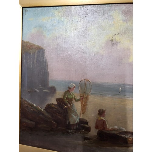 82 - Original Oil Painting Depicting Fisherman's Wife's Waiting For The Boats Signed W Richards Does Have... 