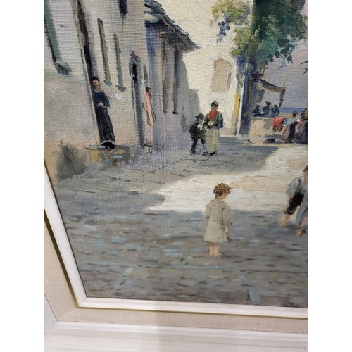 83 - Original Oil Painting Depicting a Village Scene with Children in the Street Signed Lower Right Measu... 