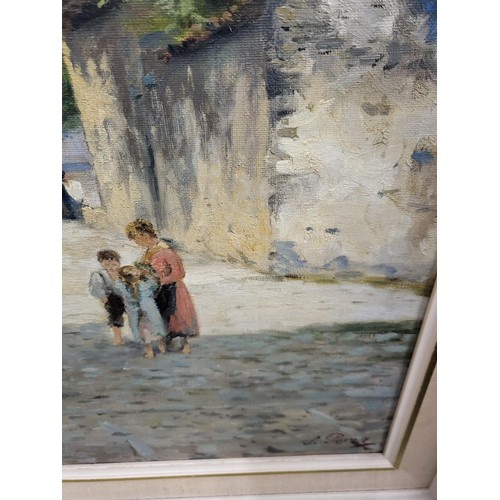 83 - Original Oil Painting Depicting a Village Scene with Children in the Street Signed Lower Right Measu... 