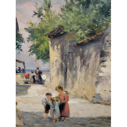 83 - Original Oil Painting Depicting a Village Scene with Children in the Street Signed Lower Right Measu... 