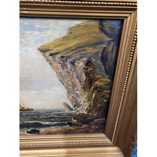 93 - Small Original Oil Painting Depiction a Boat & Cliff Scene Signed Lower Right W.W 1891 Measures ... 