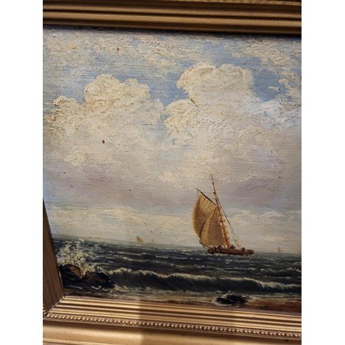 93 - Small Original Oil Painting Depiction a Boat & Cliff Scene Signed Lower Right W.W 1891 Measures ... 