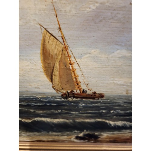 93 - Small Original Oil Painting Depiction a Boat & Cliff Scene Signed Lower Right W.W 1891 Measures ... 