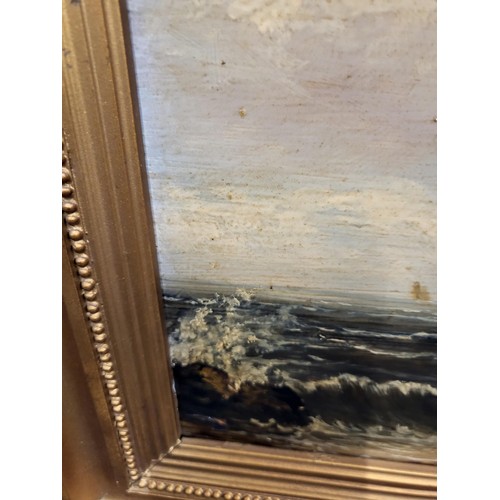 93 - Small Original Oil Painting Depiction a Boat & Cliff Scene Signed Lower Right W.W 1891 Measures ... 