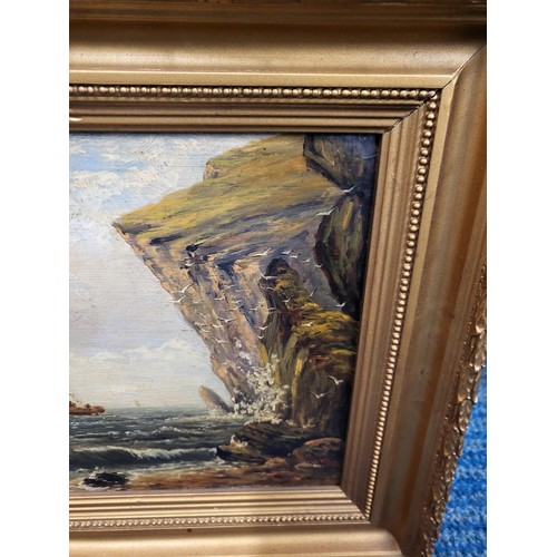 93 - Small Original Oil Painting Depiction a Boat & Cliff Scene Signed Lower Right W.W 1891 Measures ... 