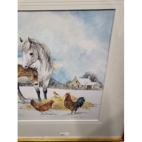 87 - Frances Fry Watercolor Depicting a Horse & Its Foal with Some Chickens in The Yard Signed Lower ... 