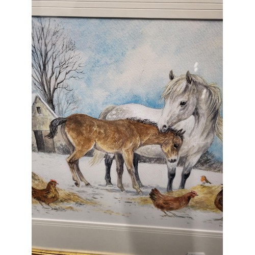 87 - Frances Fry Watercolor Depicting a Horse & Its Foal with Some Chickens in The Yard Signed Lower ... 