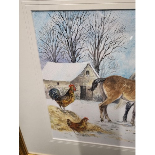 87 - Frances Fry Watercolor Depicting a Horse & Its Foal with Some Chickens in The Yard Signed Lower ... 