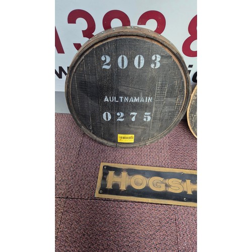 298 - Two Full Size Barrel Lids & Hogshead Metal Sign