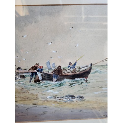 89 - Fletcher Watson Original Watercolor Painting Depicting Fisherman Pushing Out The Boat Signed Lower R... 