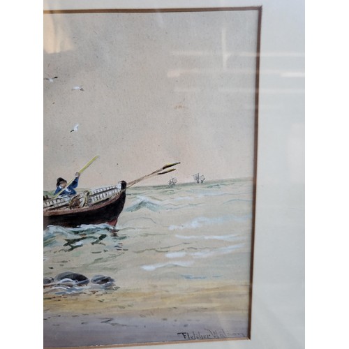 89 - Fletcher Watson Original Watercolor Painting Depicting Fisherman Pushing Out The Boat Signed Lower R... 