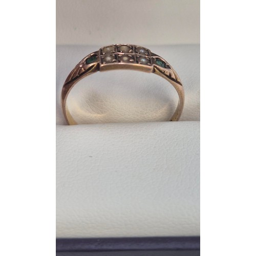 322 - 15ct Gold Seed Pearl & Emerald Ring Size R (Weighs 2g)