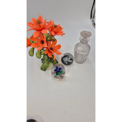 331 - Two Paperweights (one Caithness) Glass, Cut Glass Decanter & Mid Century Plastic Flower Arrangem... 