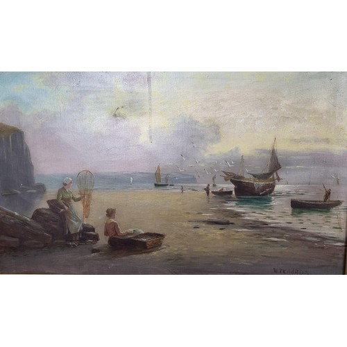 82 - Original Oil Painting Depicting Fisherman's Wife's Waiting For The Boats Signed W Richards Does Have... 