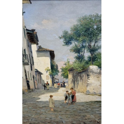 83 - Original Oil Painting Depicting a Village Scene with Children in the Street Signed Lower Right Measu... 