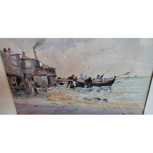 89 - Fletcher Watson Original Watercolor Painting Depicting Fisherman Pushing Out The Boat Signed Lower R... 