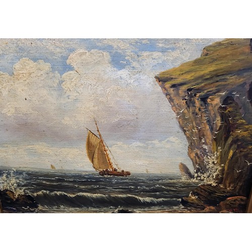 93 - Small Original Oil Painting Depiction a Boat & Cliff Scene Signed Lower Right W.W 1891 Measures ... 