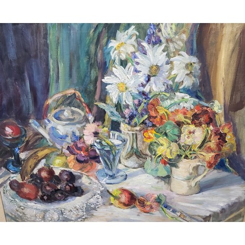 94 - Mary E. Pollitt (British, exh.1927-40) Still Life Painting Signed Lower Right Measures 78cm Long by ... 