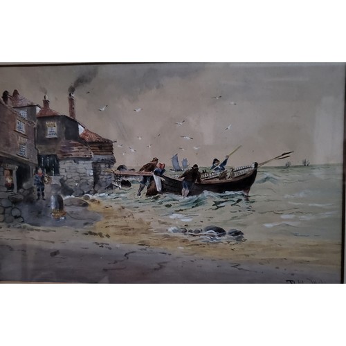 89 - Fletcher Watson Original Watercolor Painting Depicting Fisherman Pushing Out The Boat Signed Lower R... 