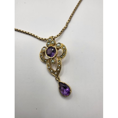 18 - 9ct Gold Amethyst & Seed Pearl Pendant on 9ct Gold Chain Measures 60cm Unclasped Weighs 10.8g Ch... 