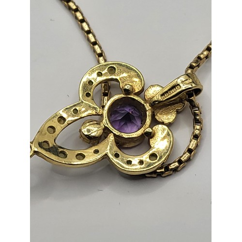 18 - 9ct Gold Amethyst & Seed Pearl Pendant on 9ct Gold Chain Measures 60cm Unclasped Weighs 10.8g Ch... 