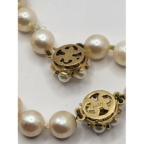 27 - Two Sets of Pearls with JKa kohle Hallmarked 9ct Gold Clasps Complete Weight of Pearls 87g Length On... 