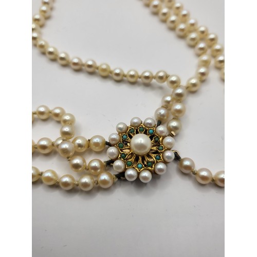 28 - Vintage Treble Row Cultured Pearls with 9ct Gold And Turquoise Clasp Weighs 80g