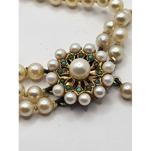 28 - Vintage Treble Row Cultured Pearls with 9ct Gold And Turquoise Clasp Weighs 80g